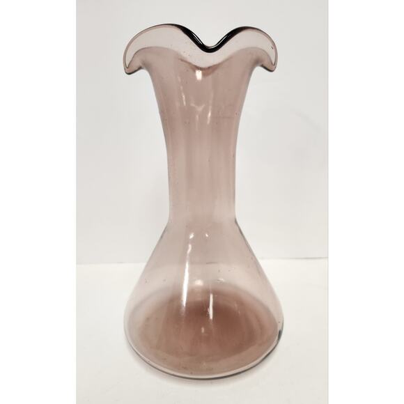 Vintage Pink Art Glass Vases Lot – Ruffled Hand Blown & Etched Flared Pair - Picture 8 of 8